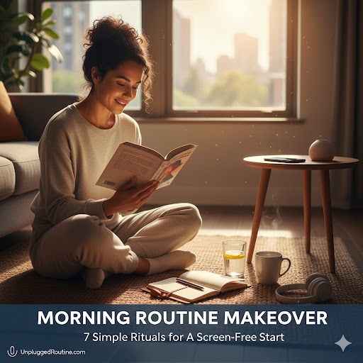 "A stressed woman clutches her smartphone, surrounded by multiple glowing screens, social media icons, and 'FOMO ALERT' bubbles, illustrating the mental toll of digital overload and the urgent need for Morning Rituals to Start Your Day Screen-Free."
