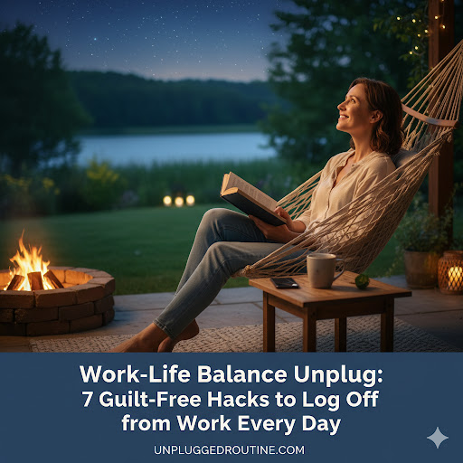 Work-Life Balance Unplug: 7 Guilt-Free Hacks to Log Off from Work Every Day Work-Life Balance Unplug: 7 Guilt-Free Hacks to Log Off from Work Every Day - A woman is relaxing in a hammock outdoors at night, smiling and looking up at the sky. A cozy campfire or fire pit is burning nearby, and she is holding a book with a mug on the side table. The scene promotes unplugged routine and work-life balance.