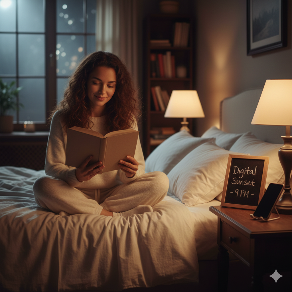 A woman with her eyes closed, demonstrating peaceful meditation, kneels in a lush, sun-dappled forest, gently holding and smelling a large green leaf. A hiking backpack rests against a mossy tree trunk beside her, containing a smartphone, visually representing the theme of leaving Screen Time, Anxiety, and Burnout behind by unplugging in nature.