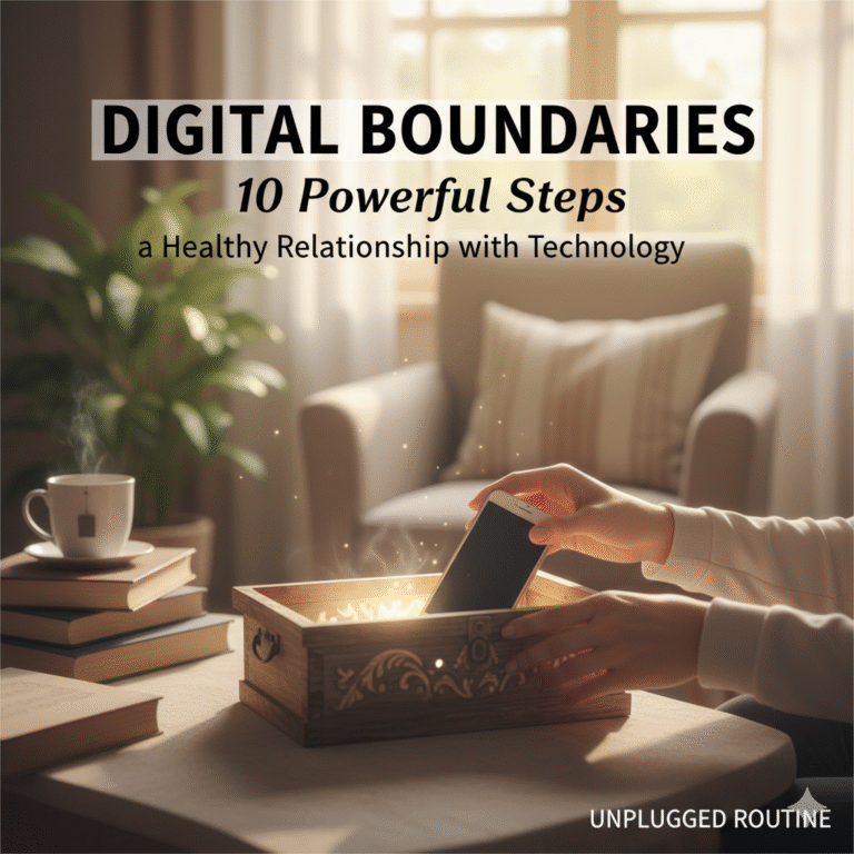 Hands intentionally placing a glowing white smartphone into a wooden storage box on a sunlit coffee table. The image, symbolizing the practice of setting digital boundaries, features a stack of physical books and a steaming cup of tea in the foreground, promoting relaxation and an "unplugged routine."
