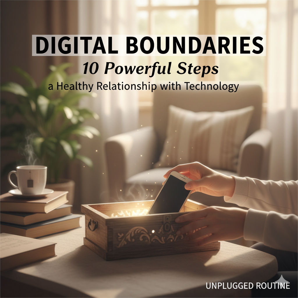 Hands intentionally placing a glowing white smartphone into a wooden storage box on a sunlit coffee table. The image, symbolizing the practice of setting digital boundaries, features a stack of physical books and a steaming cup of tea in the foreground, promoting relaxation and an "unplugged routine."