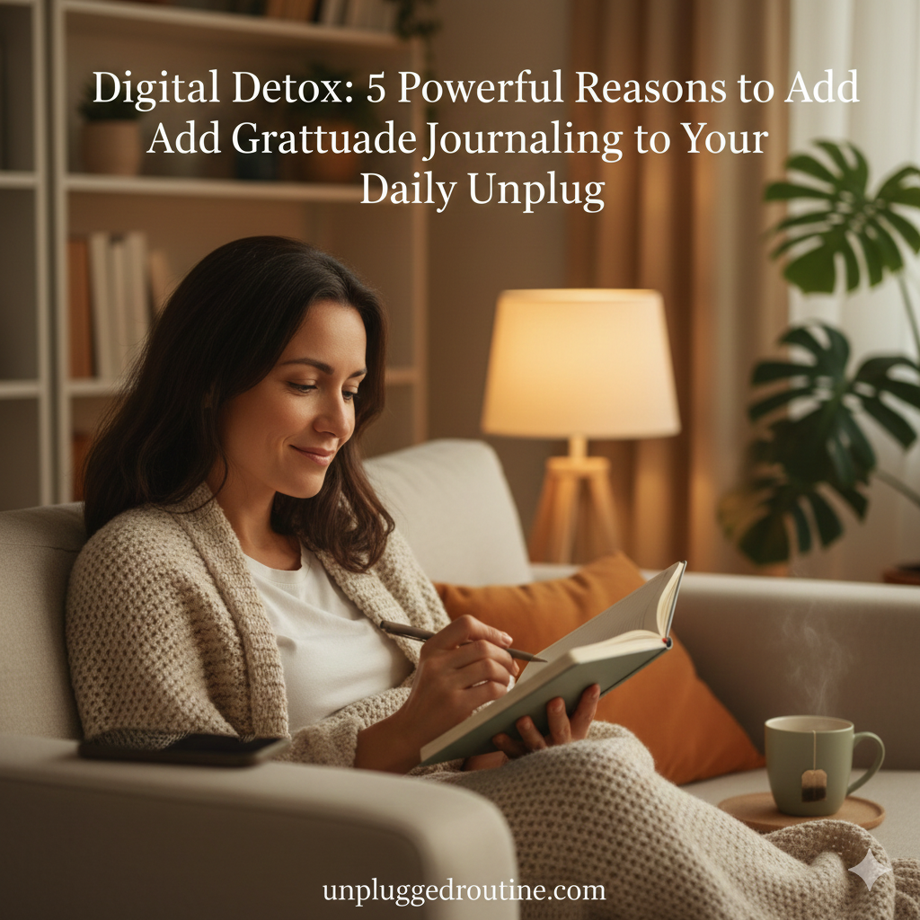 An overhead image of a person writing in a notebook on a rustic wooden desk, with a steaming cup of tea and a succulent plant nearby. The scene depicts a peaceful moment of disconnection, symbolizing the importance of Gratitude Journaling during a Digital Detox for a restorative unplugged routine.