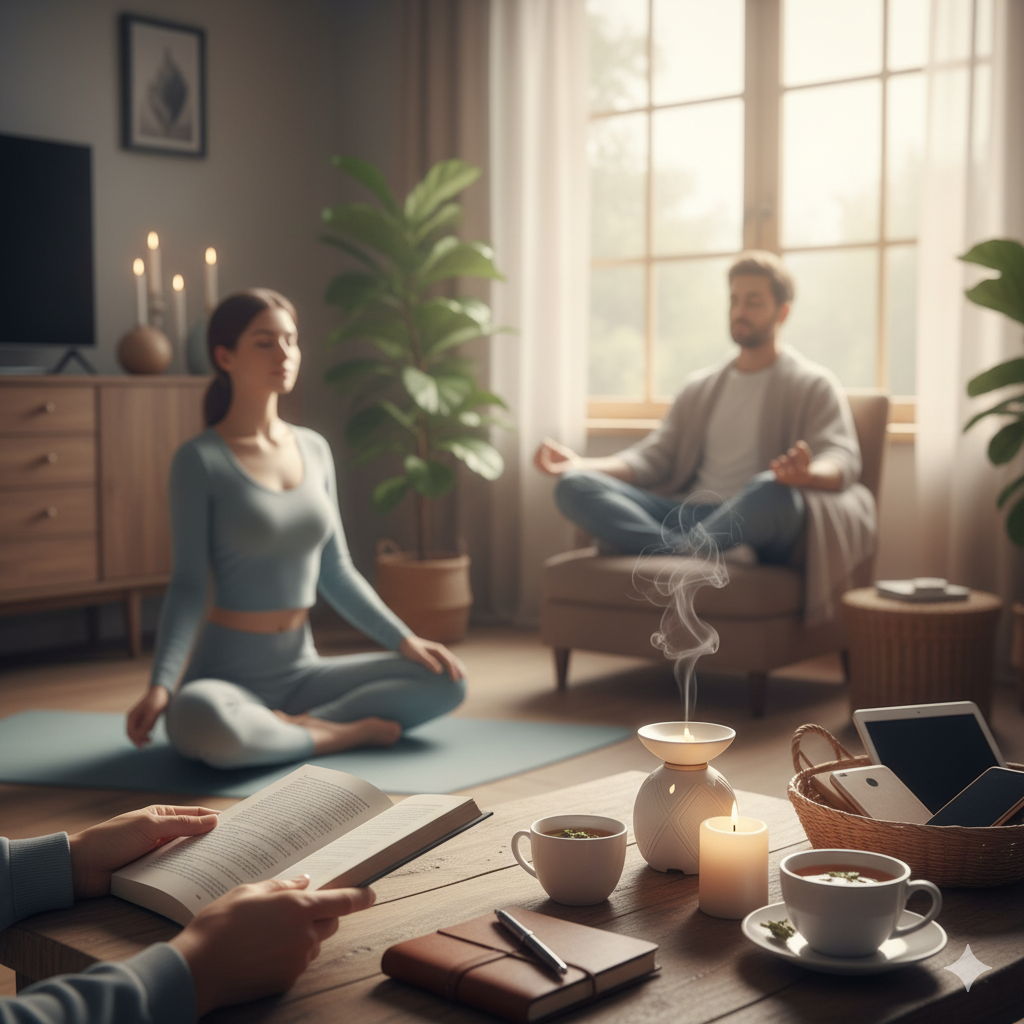 Mindful Unplugging Weekend Retreat: A person reads a physical book with a steaming cup of tea and croissant, symbolizing a digital detox and wellness at home.