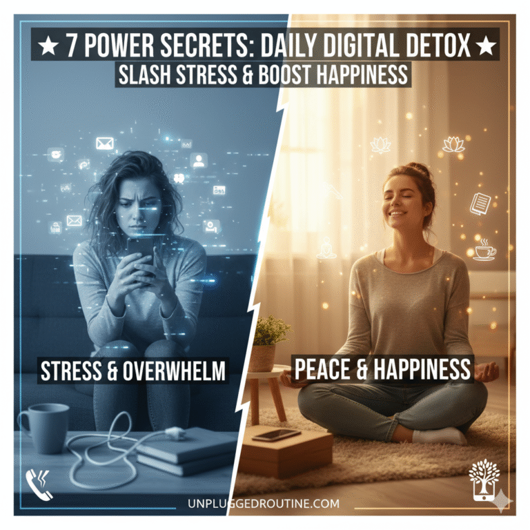 7 Power Secrets: Daily Digital Detox before and after. Image showing a stressed woman checking her phone surrounded by notification icons (stress) and a calm woman meditating (peace).