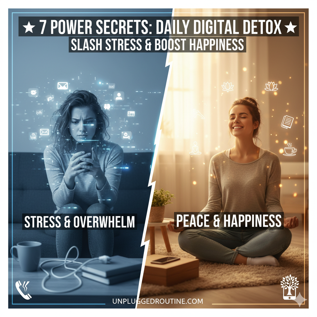 7 Power Secrets: Daily Digital Detox before and after. Image showing a stressed woman checking her phone surrounded by notification icons (stress) and a calm woman meditating (peace).