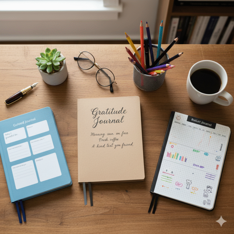 An overhead shot showcasing the best types of journals for your unplugging routine on a warm wooden desk. From left to right: a blue "Guided Journal" open to a daily prompt page, a tan "Gratitude Journal" with a quote on its cover, and a black "Bullet Journal" open to a colorful habit tracker layout. Accompanying items include a potted succulent, eyeglasses, a pen, a cup of colored pencils, and a mug of black coffee, highlighting a peaceful, screen-free writing setup.