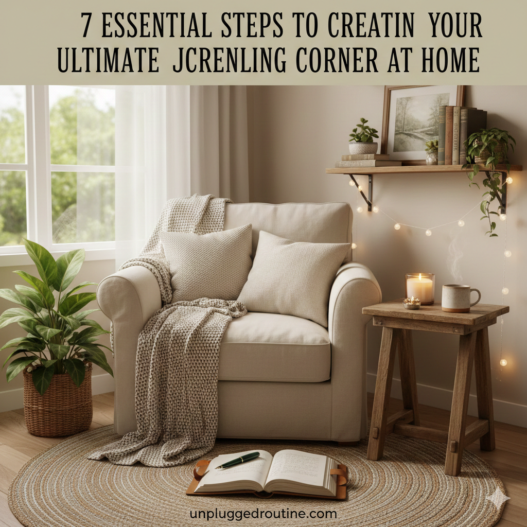 Screen-Free Journaling Corner at home: A cozy, inviting, cream-colored armchair is positioned by a bright window, draped with a soft, chunky knit blanket. On a small wooden side table rests an open journal, a steaming mug, and a lit candle. A wooden shelf above is decorated with books, plants, and soft string lights. The overall atmosphere emphasizes a calm, unplugged routine for focused reflection.