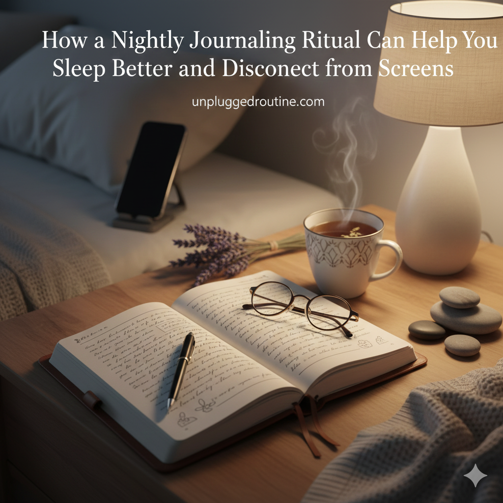 "An open leather-bound journal and a pen resting on a bedside table under soft, warm lamp light, emphasizing a restful, screen-free nightly journaling ritual for better sleep and disconnection."