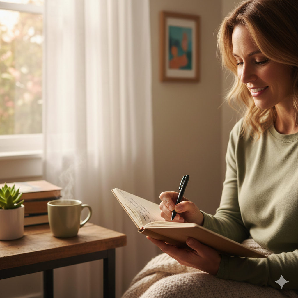 A sunlit, cozy corner designed for analog self-care, perfect for adding Gratitude Journaling to your Daily Digital Detox. The scene features a comfortable teal armchair, a knit blanket, and a small rustic table holding an open journal and a mug of pens. The peaceful environment, including a plant, a candle, and a jute rug, highlights the ideal screen-free space for fostering gratitude and reducing stress during an unplugged routine.