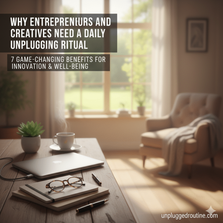 A sunlit home office setup featuring a wooden desk, a closed laptop, and a cup of tea on top of physical books, illustrating an intentional screen-free break for creatives and entrepreneurs.