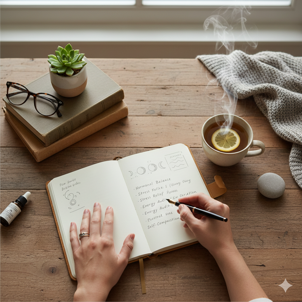 An overhead image of a woman over 40 writing in a journal on a rustic wooden desk, with a steaming mug of herbal tea, a small succulent plant, and a stack of books with reading glasses nearby. The scene conveys peace and introspection, illustrating the act of Unplugging for Women Over 40 through journaling for stress relief and hormonal balance.