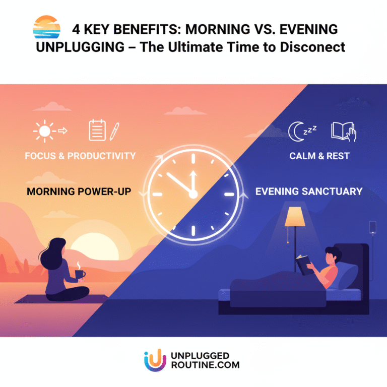 Morning vs. Evening Unplugging: Contrast showing digital stress and overwhelm (morning trigger) versus digital peace and relaxation (evening calm).