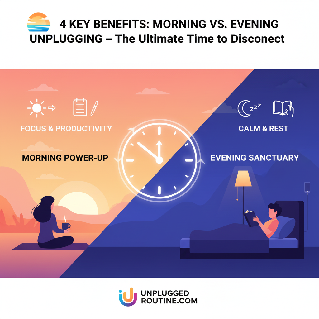 Morning vs. Evening Unplugging: Contrast showing digital stress and overwhelm (morning trigger) versus digital peace and relaxation (evening calm).
