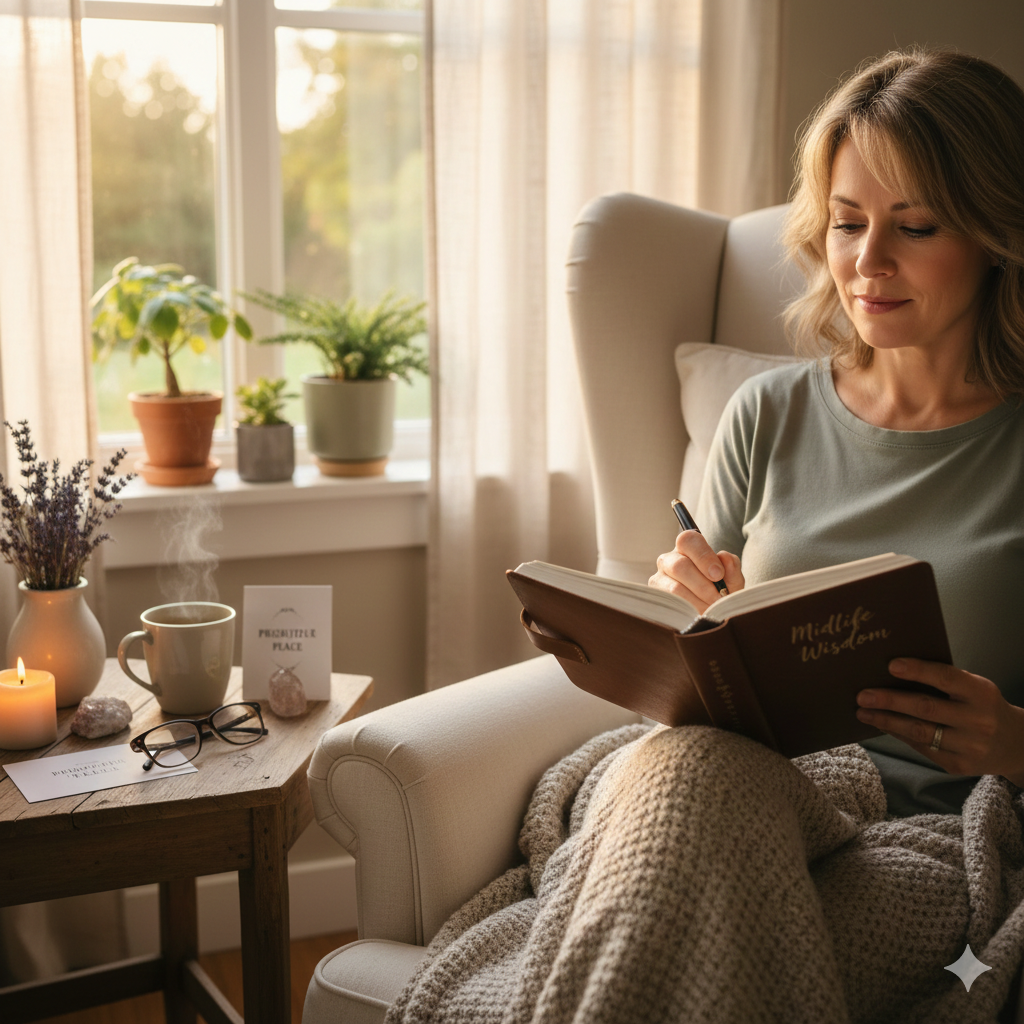 A calming, sunlit unplugging for women over 40 corner designed for rest and reflection. The scene features a plush teal armchair with a cream blanket and a tree-patterned pillow. A small wooden side table holds an open journal, a mug with pens, and a flickering candle, representing a screen-free space where journaling supports hormonal balance and stress relief. The corner is completed by a natural jute rug and a small vintage record player on a shelf.