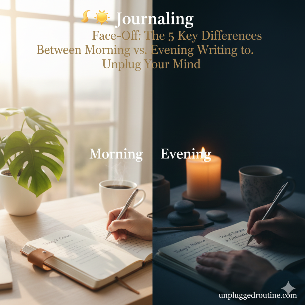 Cozy scene featuring an open journal and fountain pen on a wooden desk next to a steaming mug, representing the benefits of Morning vs. Evening Journaling to help unplug your mind and reduce stress.