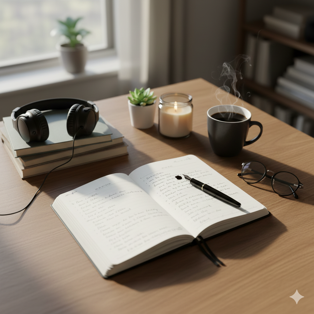 A calming, screen-free reading nook perfect for Journaling for Mental Clarity. The space features a teal velvet armchair with a throw blanket, a small rustic side table holding an open journal and a mug of writing tools, and natural lighting streaming through sheer curtains. The cozy environment, enhanced by a jute rug and a small plant, emphasizes the power of writing breaks to improve focus and reduce overwhelm during an unplugged routine.