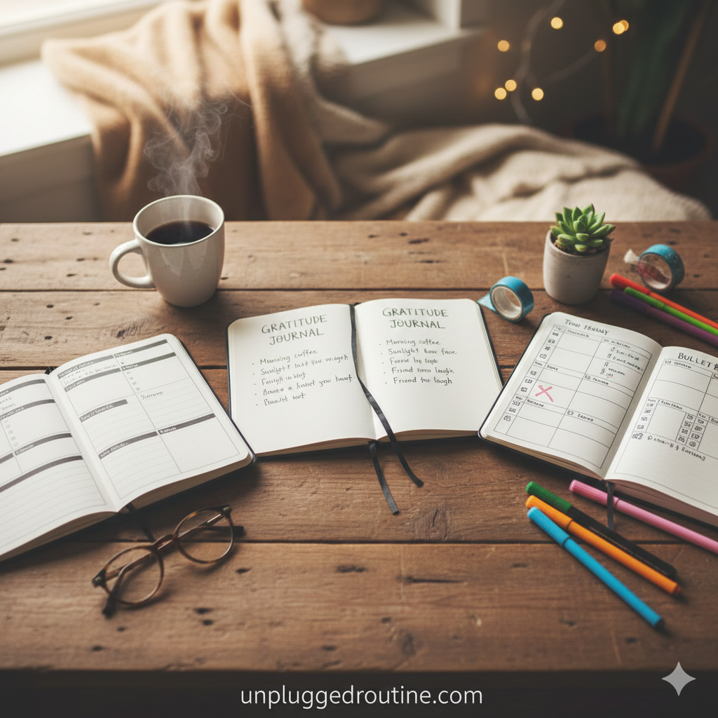 Three distinct types of journals—a guided journal, a gratitude journal, and a bullet journal—are arranged on a rustic wooden table with a fountain pen, symbolizing the different analog tools for a successful Unplugging Routine and screen-free reflection.