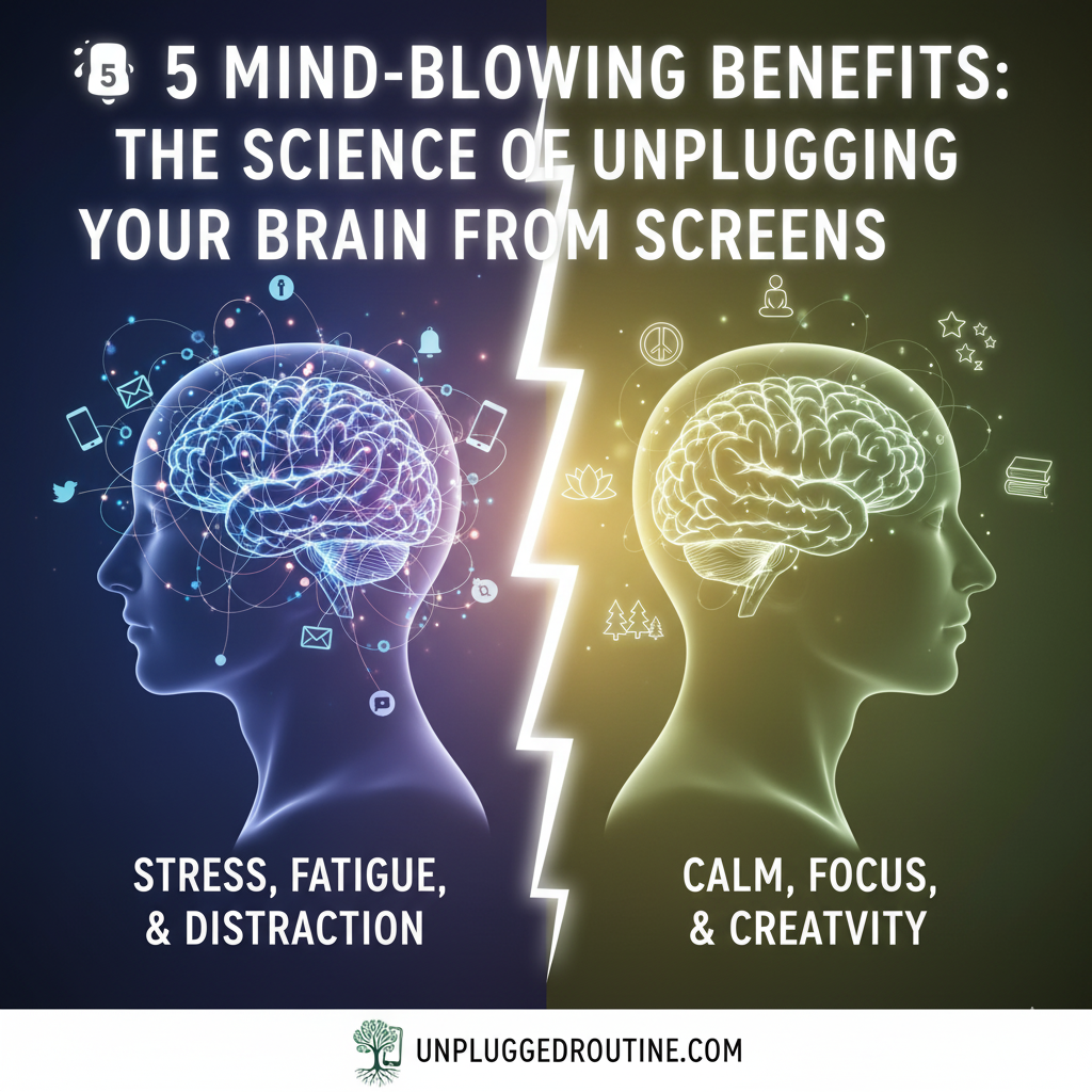 The Science of Unplugging: Contrast showing the brain under digital stress (notifications) versus the brain in a state of peace and focus (meditation).