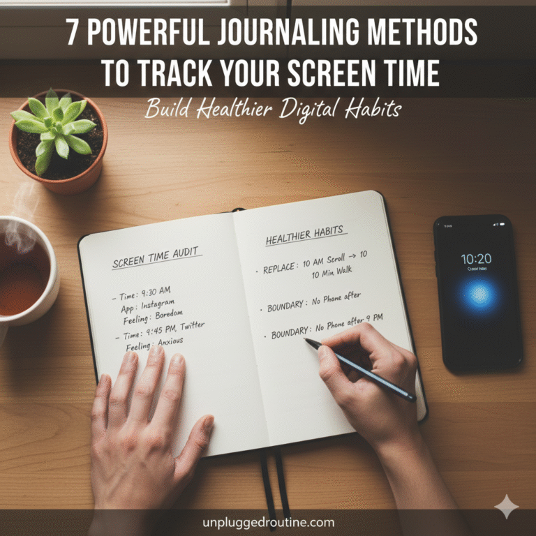 A desk setting with a notebook open to a page titled "Screen Time Audit" showing columns for time, app used, and emotion. The image highlights 7 powerful journaling methods to track screen time and form better habits.