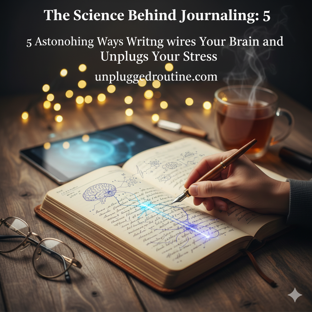An open notebook and pen rest next to a steaming mug under warm lamp light, visually representing The Science Behind Journaling and how the simple act of writing helps to unplug your mind and achieve mental clarity.