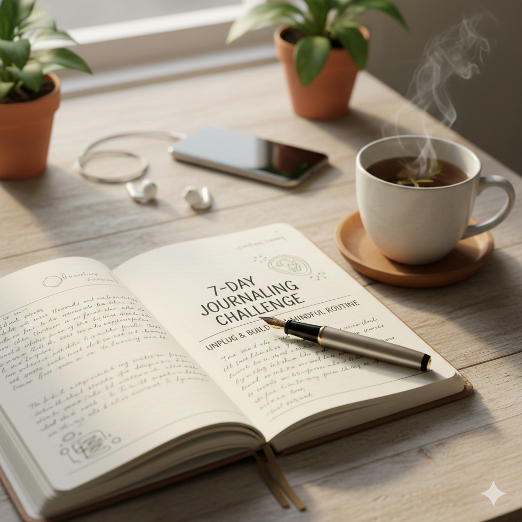 Open journal displaying "7-Day Journaling Challenge: Unplug & Build a Mindful Routine" on a wooden desk, accompanied by a steaming cup of tea, a smartphone, and earbuds, symbolizing an unplugged routine.