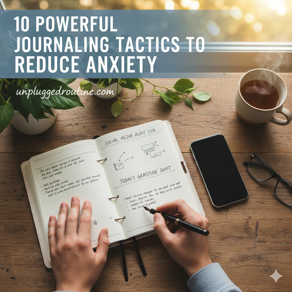 Overhead view of a person writing in a notebook on a wooden desk next to a smartphone and a cup of tea. The open journal page is titled "Social Media Audit Log" and "Today's Gratitude Shift," illustrating tactics to reduce anxiety.