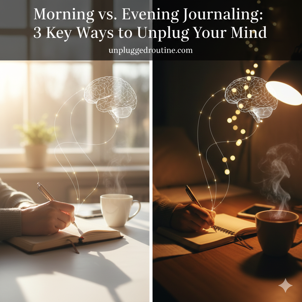 A cozy bedside scene featuring an open journal, pen, and steaming cup under warm lamp light, illustrating the choice between Morning vs. Evening Journaling for the ultimate routine to help you unplug your mind.