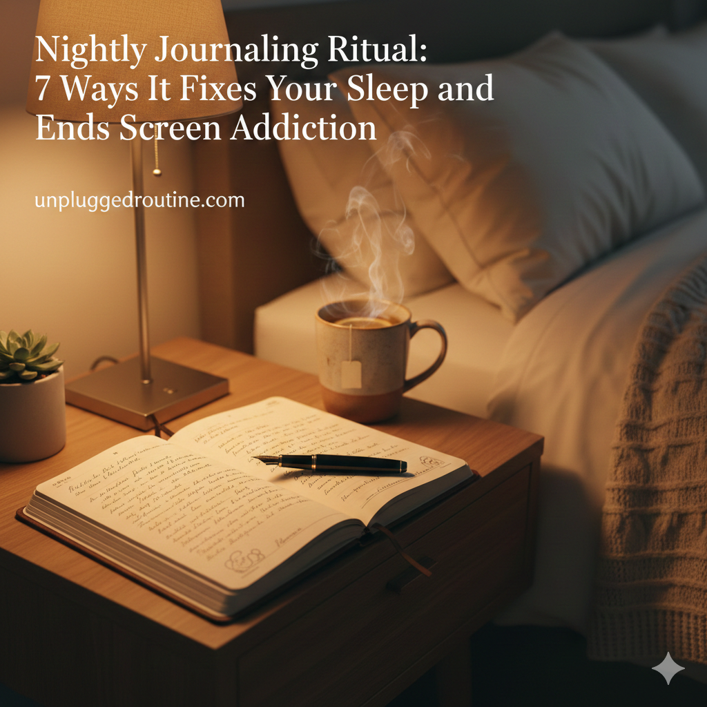 A cozy bedside table illuminated by a warm lamp, featuring an open notebook, a pen, and a steaming mug of tea next to a comfortable bed. The image text reads: "Nightly Journaling Ritual: 7 Ways It Fixes Your Sleep and Ends Screen Addiction - unpluggedroutine.com."