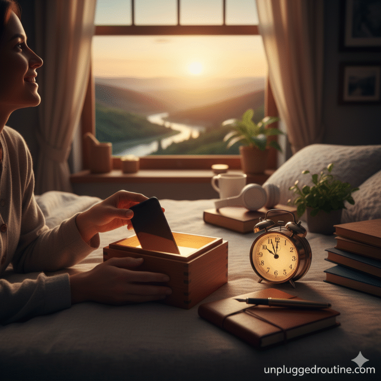 A serene image of a woman in bed during sunrise, smiling as she places her smartphone into a wooden box. On the nightstand, an old-fashioned alarm clock shows 7:00, next to a stack of books, a journal, and a pen. The window in the background overlooks a beautiful natural landscape with a winding river. This image represents the core idea of an unplugging routine for a peaceful start to the day.