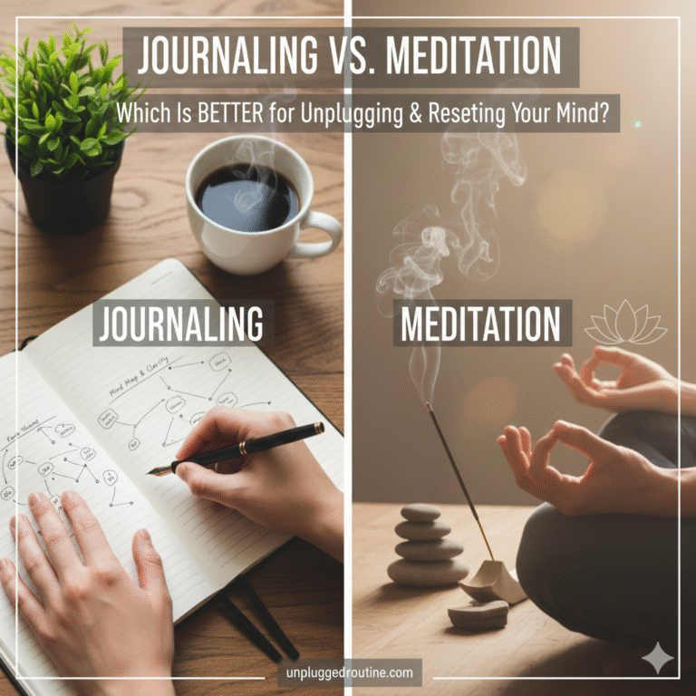 A split-screen graphic visually compares two wellness practices. On the left is an active scene of someone writing to represent journaling. On the right is a calm, contemplative scene of someone meditating in a peaceful setting. Text overlay reads: Journaling vs. Meditation: Which is Better for Unplugging & Resetting Your Mind?