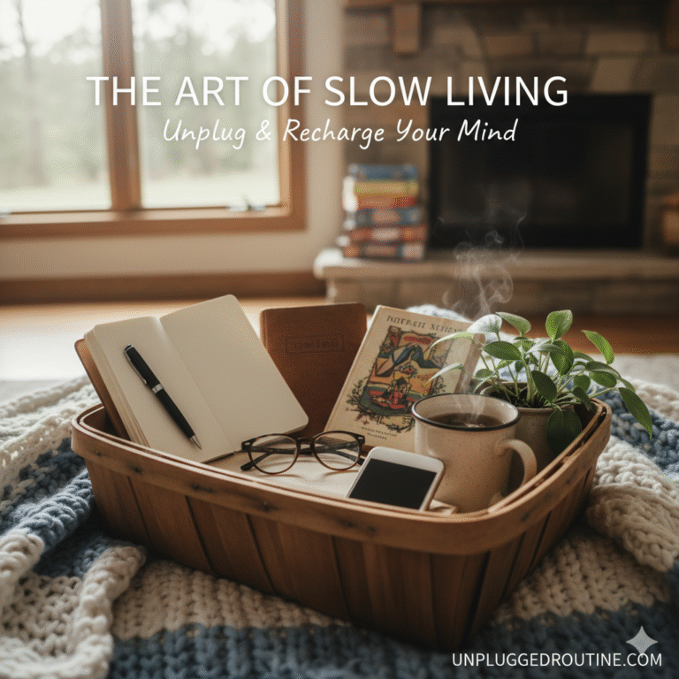Digital Detox Weekend basket with journal, books, coffee, and phone in a cozy living room setting, illustrating the Art of Slow Living.