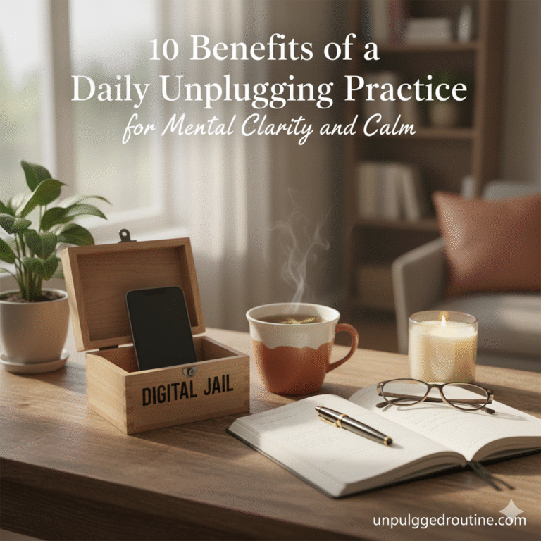 Warm indoor scene showcasing the essentials of the Daily Unplugging Practice: a journal, mug, and books replacing a smartphone for mental clarity and calm.