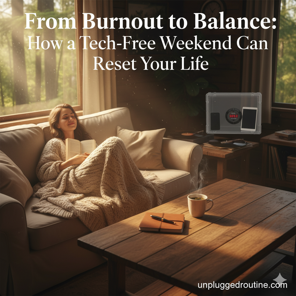 Cozy armchair with a blanket, books, and tea, representing a relaxing Tech-Free Weekend for stress relief.