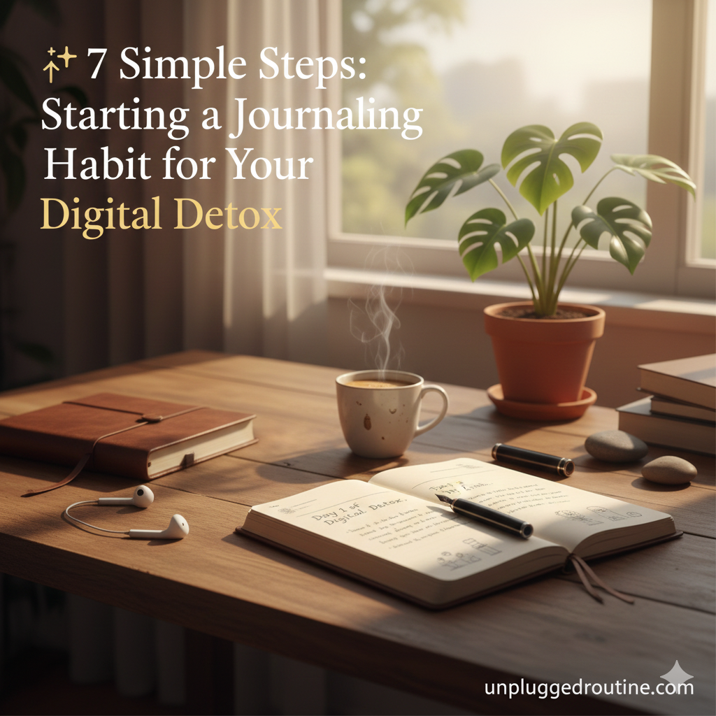 Desk scene showing a journal, fountain pen, and warm drink, illustrating the 7 Simple Steps to Starting a Journaling Habit to aid in a digital detox.
