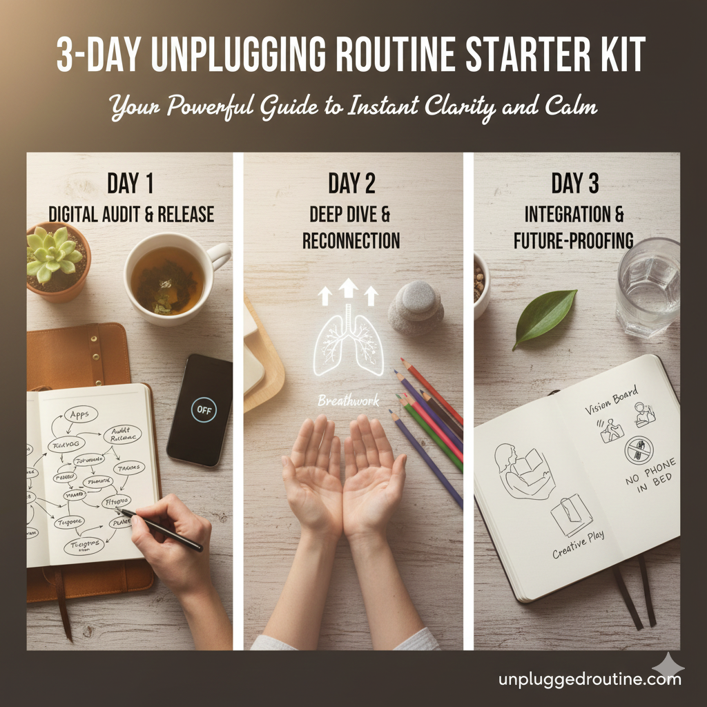 Overhead view of a daily planner open to a page titled "3-Day Unplugging Routine" with space for journaling, a cup of tea, and a reminder to do breathwork, symbolizing a structured digital detox plan.