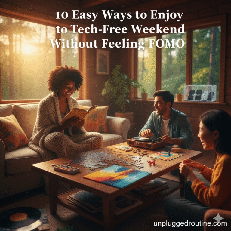 Cozy armchair and blanket with books and tea, representing an inviting Tech-Free Weekend designed to avoid FOMO.