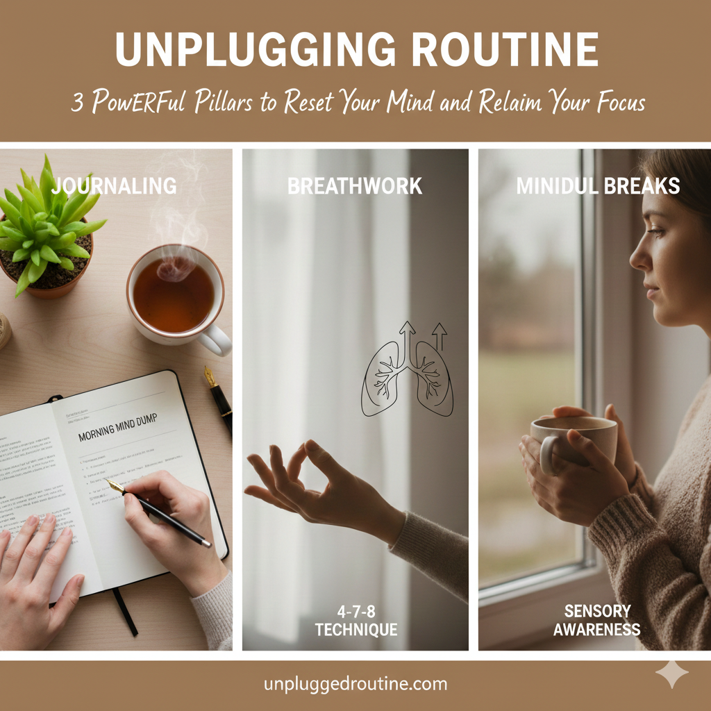 A composition showing the three pillars of the unplugging routine: a notebook and pen for journaling, a person doing a hand gesture for breathwork, and a person drinking tea mindfully for a mindful break.