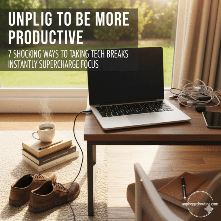 Unplug to be more productive: Laptop off on a desk next to books, coffee, shoes, and a notebook, showing a clean, non-digital workspace.