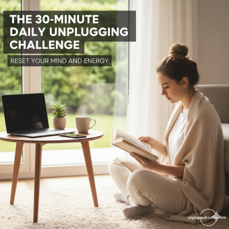 Feature image for blog post "The 30-Minute Daily Unplugging Challenge." Visualizing a quick mind and energy reset using a closed laptop, notebook, and quiet time in a sunlit room.