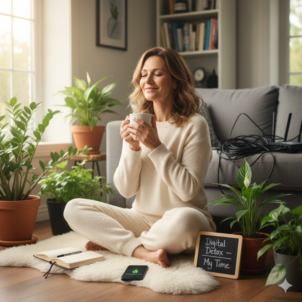 A woman, appearing to be over 40, is centered in a lush, peaceful forest setting, kneeling on a mossy forest floor. She is gently holding and smelling a large, vibrant green leaf, with her eyes closed and a serene expression, symbolizing mindfulness and connection to nature. A practical backpack is visible resting against a tree trunk in the foreground, with a smartphone secured in a side pocket, illustrating the theme of Daily Unplugging for Women Over 40 to balance hormones and reduce stress.
