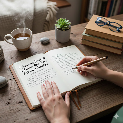 An overhead image of a person writing in a brown leather-bound journal on a wooden desk. Next to the journal is a steaming mug of tea, a pair of glasses, and a small plant. The journal is open, showing handwritten notes. Journaling breaks are clearly visible in the text written on the open pages. The image illustrates the peaceful act of journaling for mental clarity and focus.