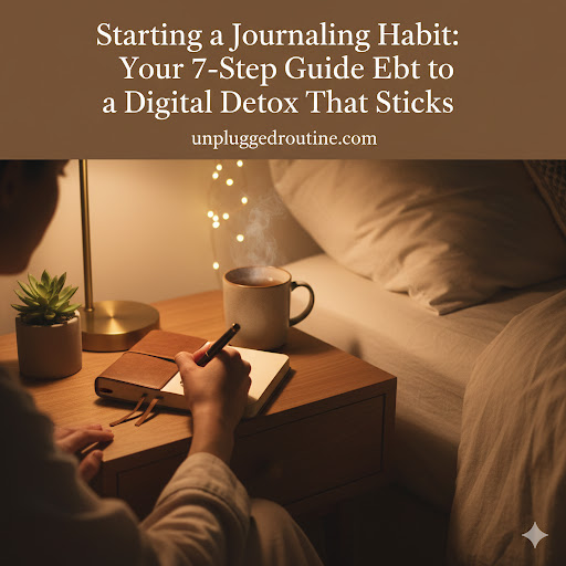 A cozy nightstand scene featuring an open notebook, a pen, and a steaming mug under warm light, illustrating the initial steps of Starting a Journaling Habit for an effective Digital Detox evening routine.
