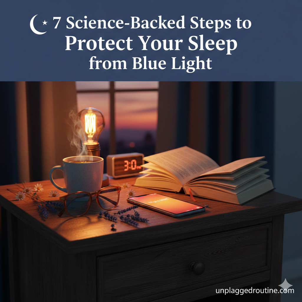 A cozy, dim bedroom scene at dusk featuring a wooden nightstand. On the nightstand, there is a mug of warm drink, amber-tinted blue light blocking glasses, a vintage lightbulb with warm light, a red LED digital clock showing 3:00, an open physical book, and a smartphone displaying an orange "Night Shift" screen. The background shows a sunset through the window. Text overlay reads: "7 Science-Backed Steps to Protect Your Sleep from Blue Light." This image visualizes an ideal unplugged routine for sleep health.