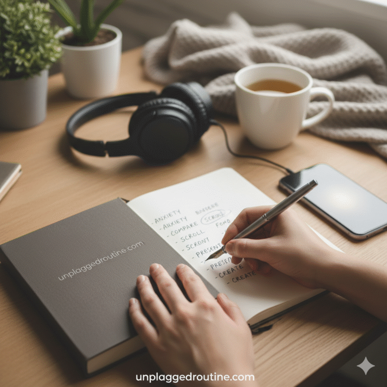 Close-up of a person's hands holding a simple open notebook and a pen. The background is soft and slightly blurred, suggesting a quiet, focused, and unplugged setting. The image emphasizes the act of writing and reflection, symbolizing the reduction of anxiety through journaling as an antidote to social media overload.