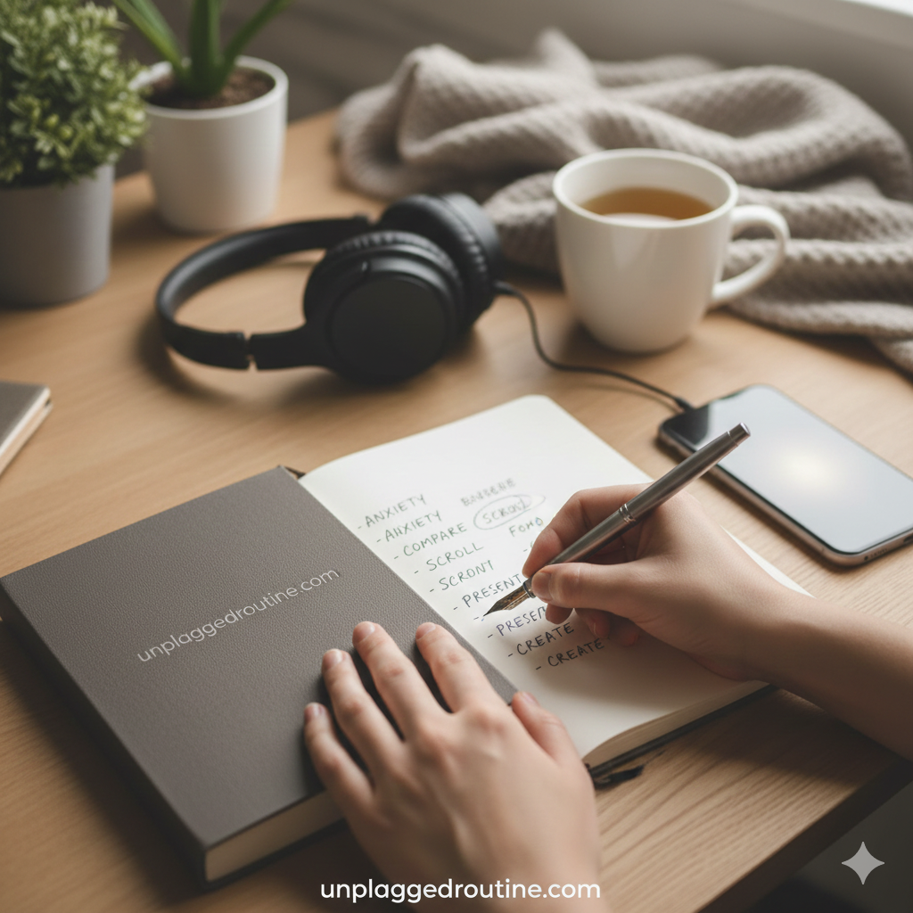 Close-up of a person's hands holding a simple open notebook and a pen. The background is soft and slightly blurred, suggesting a quiet, focused, and unplugged setting. The image emphasizes the act of writing and reflection, symbolizing the reduction of anxiety through journaling as an antidote to social media overload.