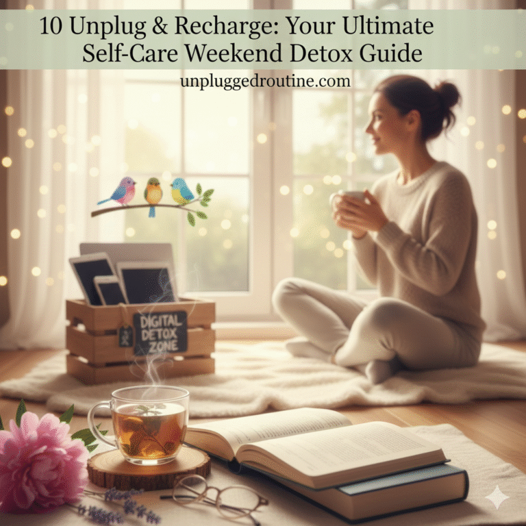 A serene woman practicing yoga in a cozy, candlelit living room during a self-care weekend detox. In the background, a wooden "Digital Detox Zone" box holds her phone and tablet, emphasizing an unplugged and recharging atmosphere.