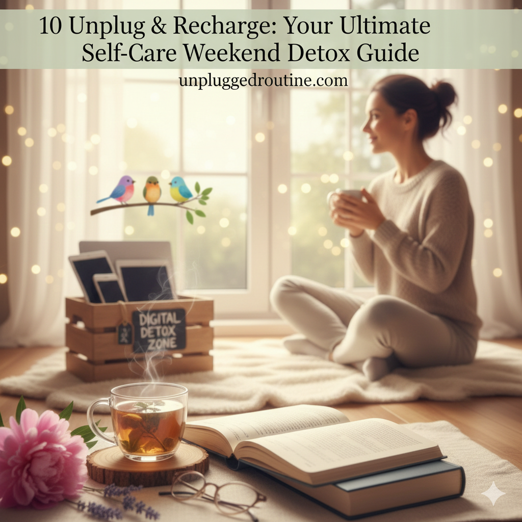 A serene woman practicing yoga in a cozy, candlelit living room during a self-care weekend detox guide. In the background, a wooden "Digital Detox Zone" box holds her phone and tablet, emphasizing an unplugged and recharging atmosphere.