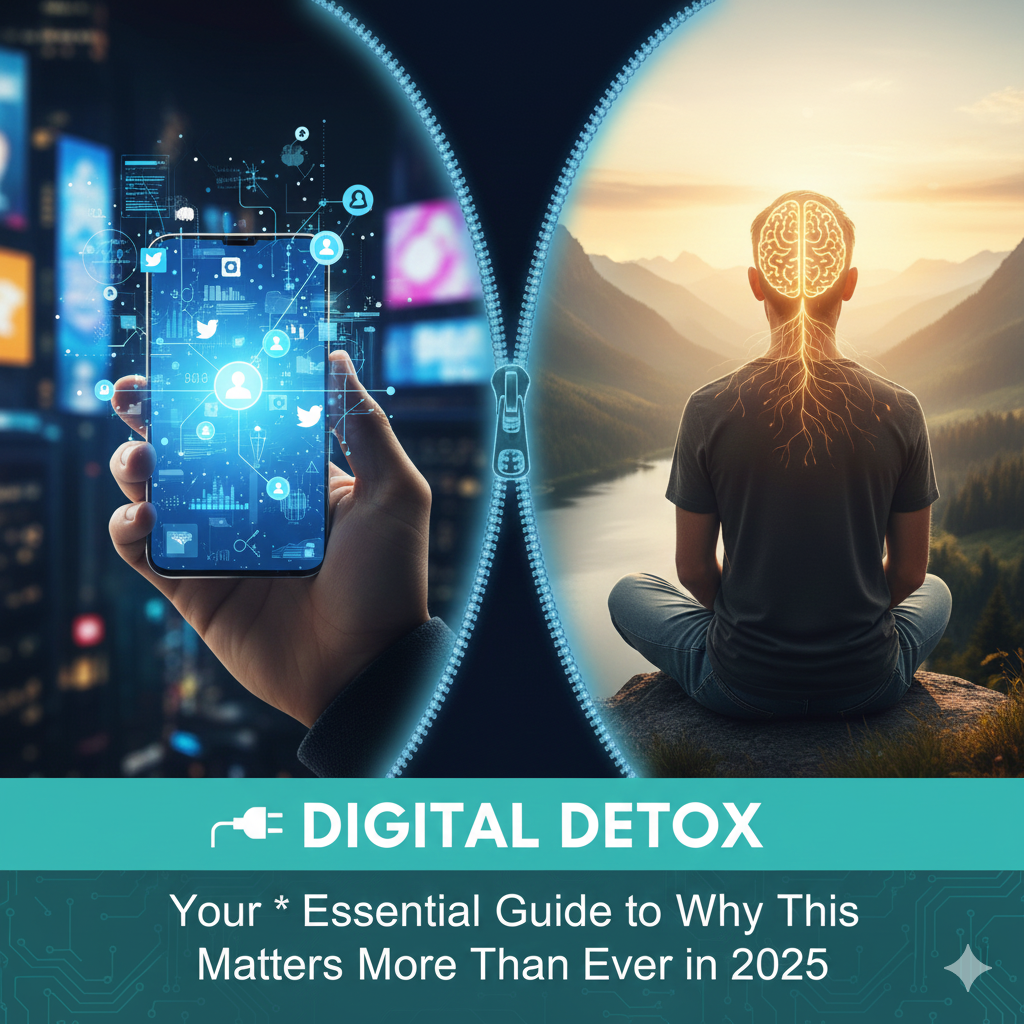 Feature image for the blog post on Digital Detox, showing a clear visual contrast between a chaotic, flashing digital interface and a calm, nature-filled scene, symbolizing the benefits of disconnecting in 2025.