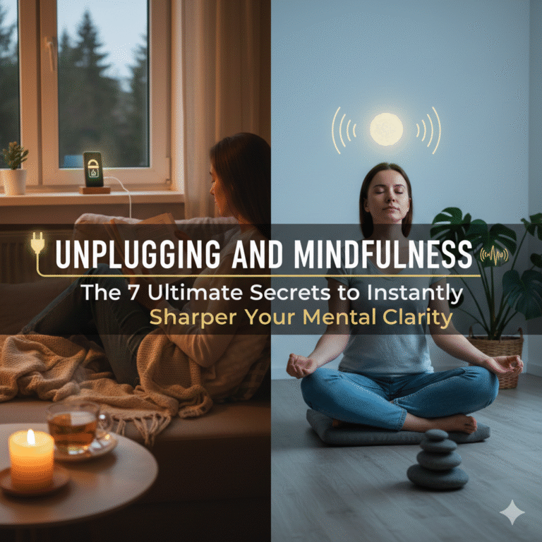 Feature image for the blog post "Unplugging and Mindfulness: The 7 Ultimate Secrets to Instantly Sharpen Your Mental Clarity," showing the contrast between digital detox and peaceful meditation.