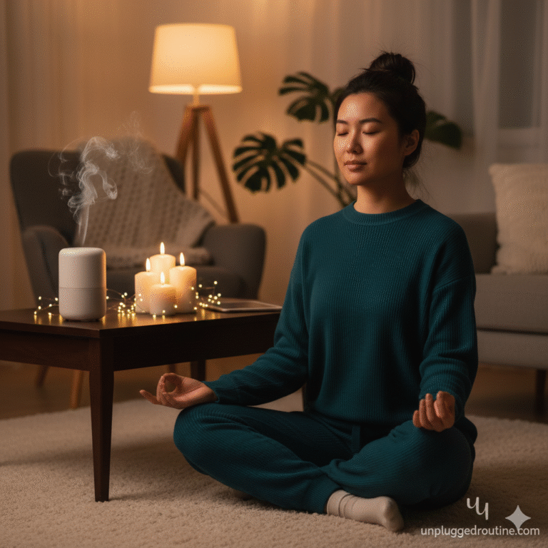 A woman in a cozy, softly lit living room is engaging in a mindfulness ritual away from screens. She is seated on the floor beside a wooden coffee table, holding a mug and reading a physical book. The table holds several lit candles, a diffusing essential oil humidifier, a notebook, and a small speaker. The scene conveys warmth, relaxation, and peaceful intentional disconnection.